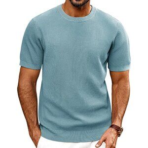 Men's Blue Grey Knit Short Sleeve Crewneck Shirt Casual Textured T-Shirts